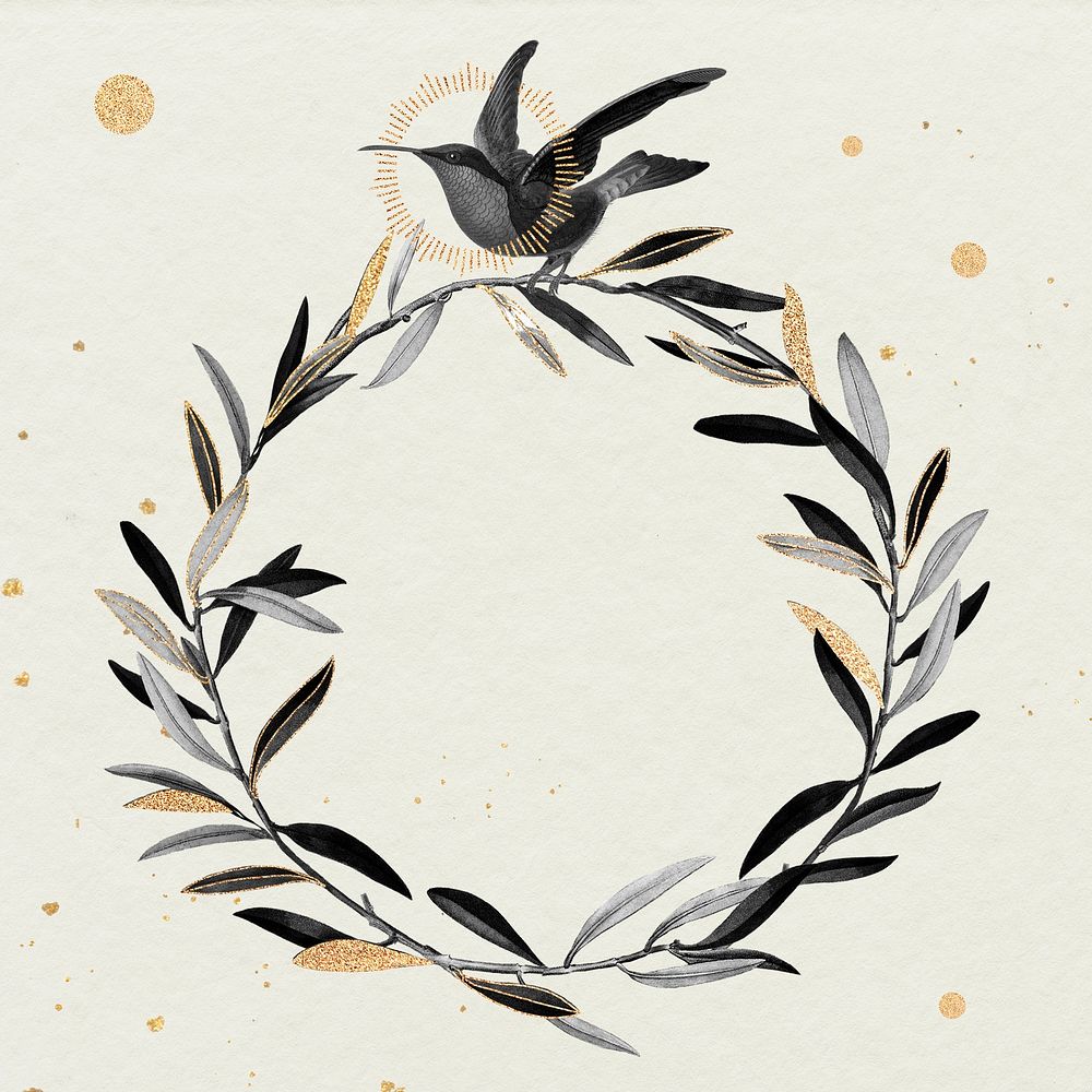 Olive wreath with a garnet-throated hummingbird illustration