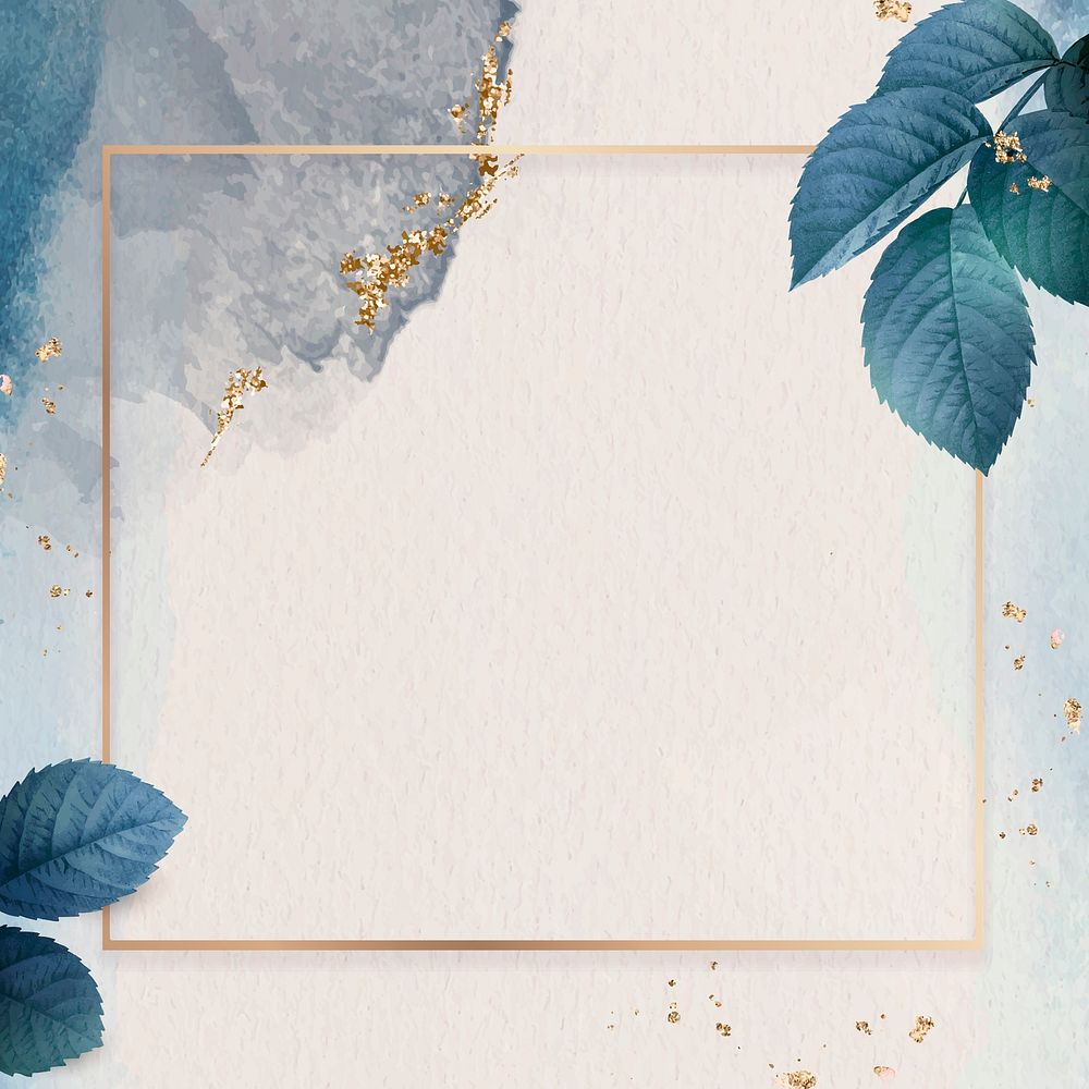 Square gold frame with foliage pattern background vector