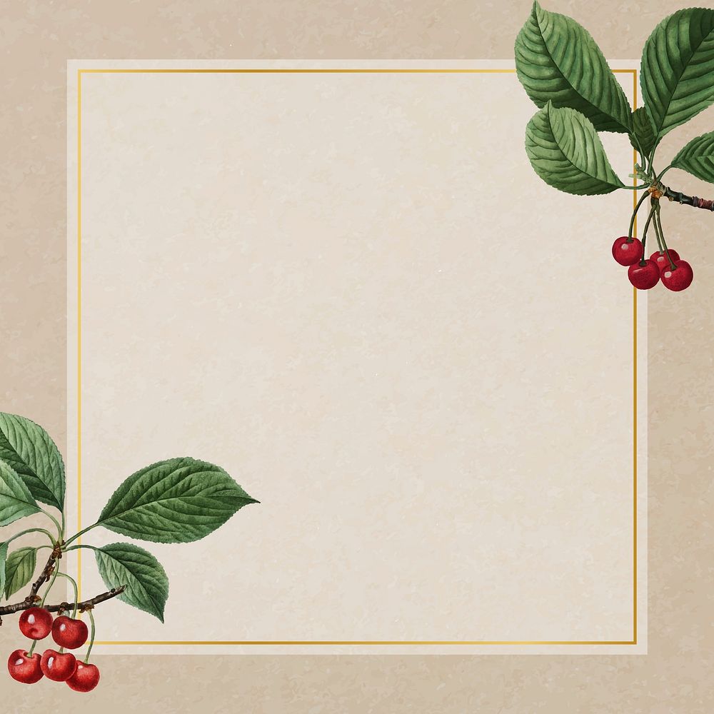 Hand drawn cherry pattern with square gold frame vector