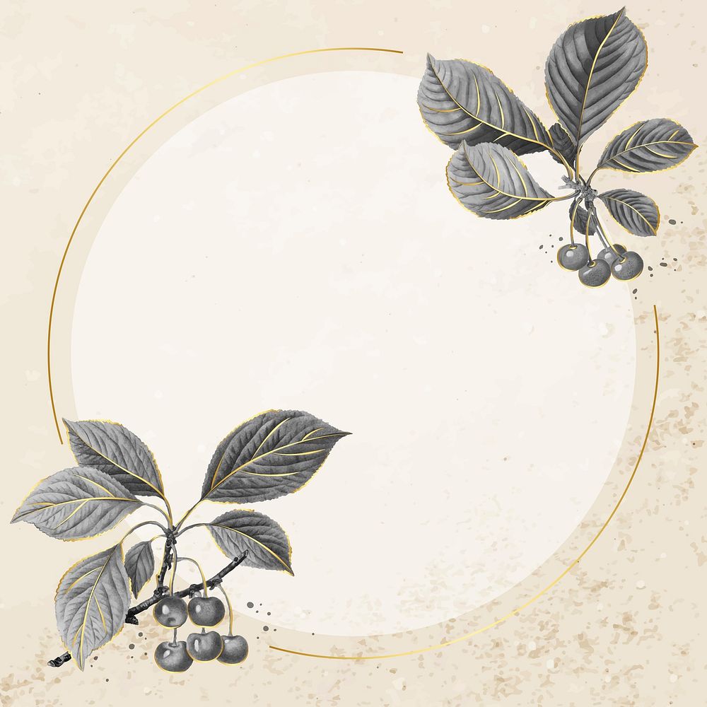 Hand drawn cherry pattern with round  gold frame vector