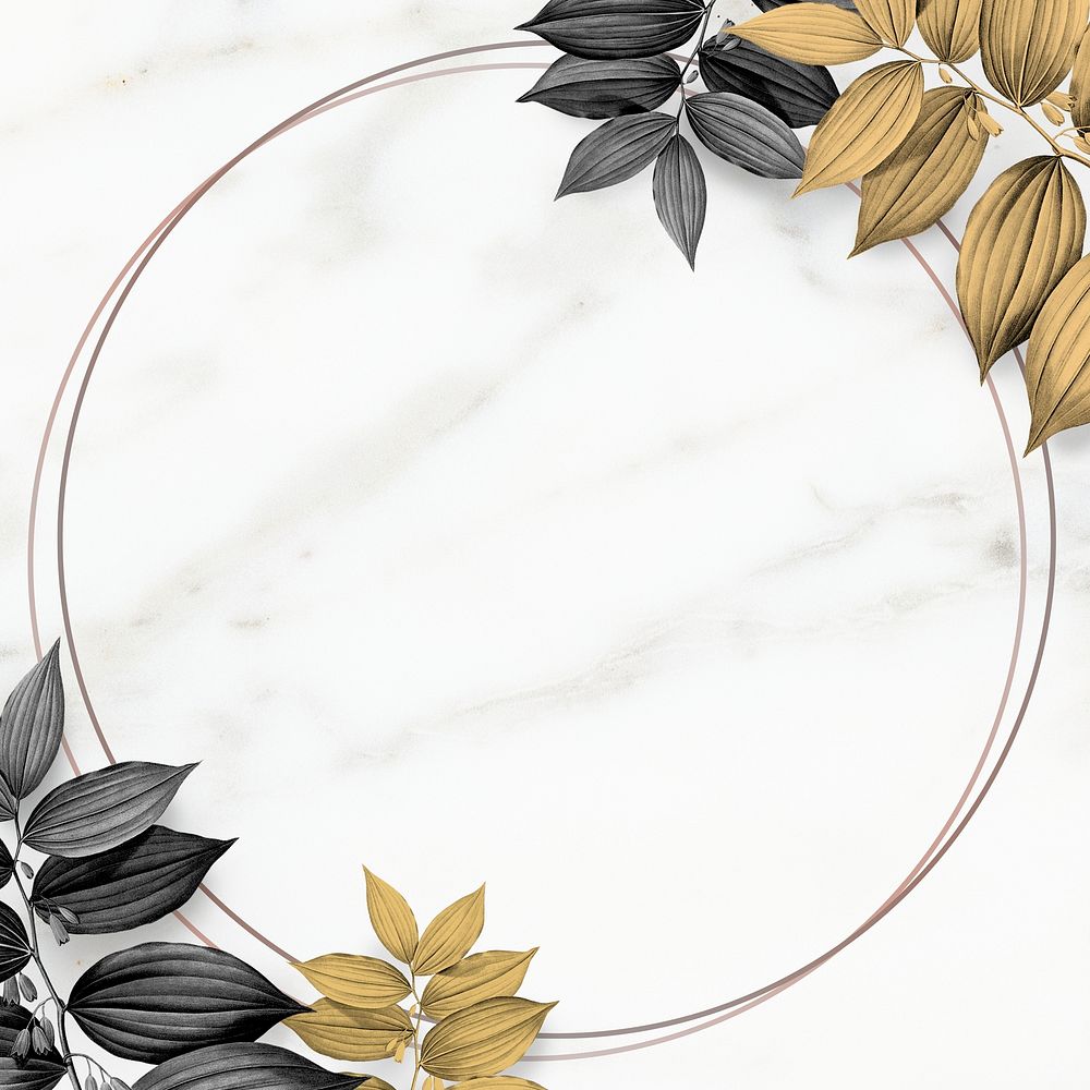 Gold frame with foliage pattern on marble textured background illustration