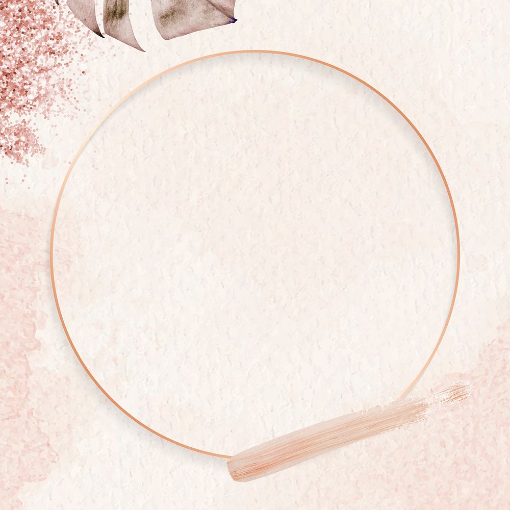 Round pink gold frame with monstera leaf pattern background vector
