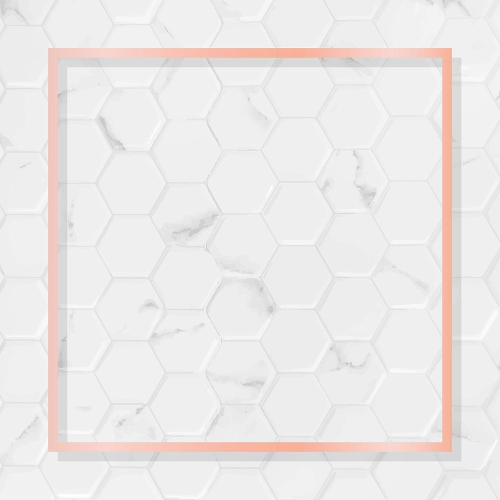 Square pink gold frame on hexagon pattern white marble background vector