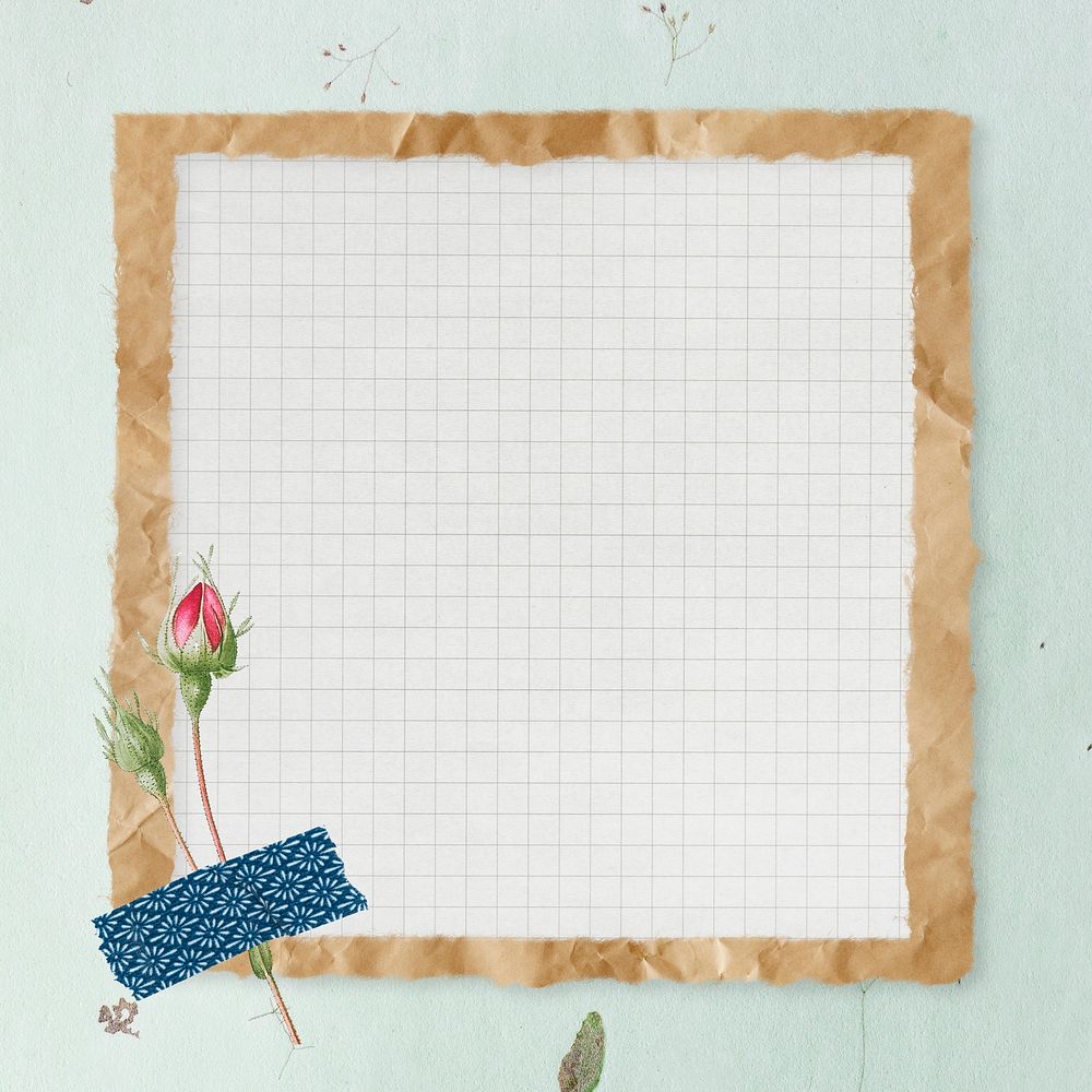 Crumpled brown paper frame with grid background illustration