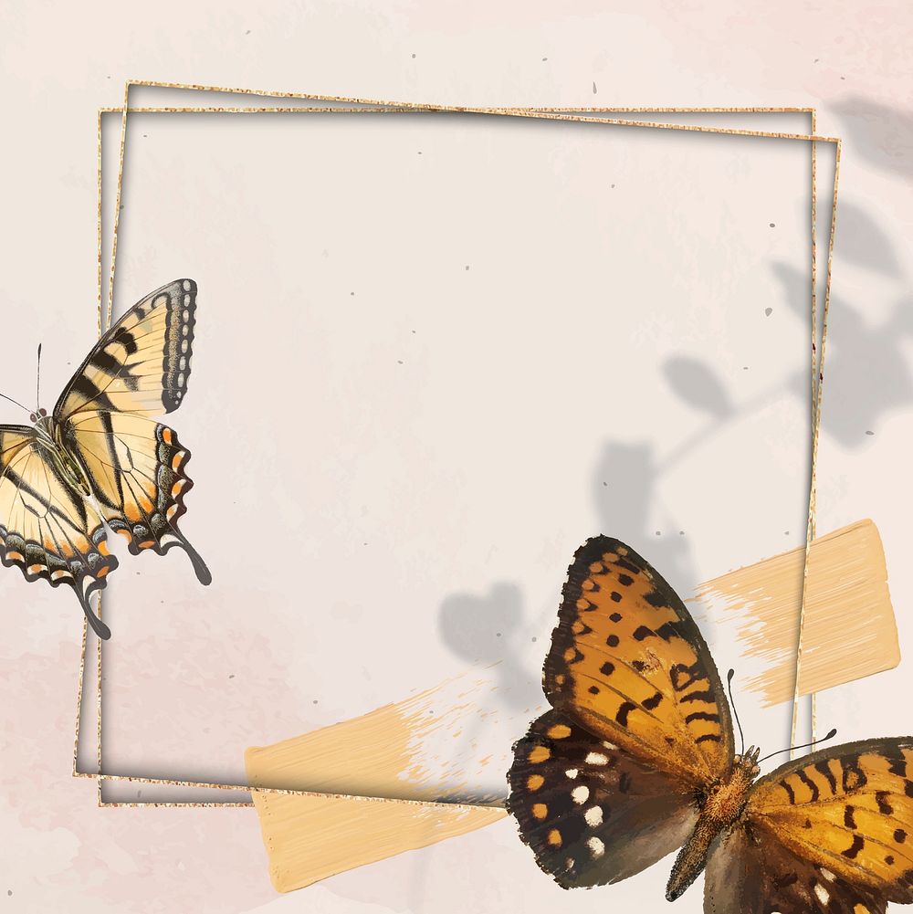 Gold frame with butterfly patterned background vector