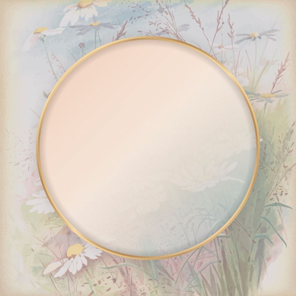 Round gold frame on daisy patterned background template vector