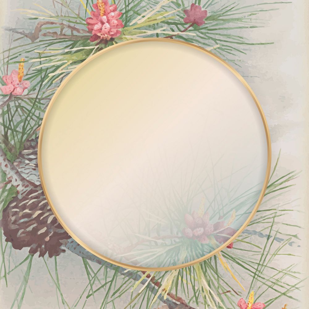 Round gold frame on pine and conifer cone patterned background vector