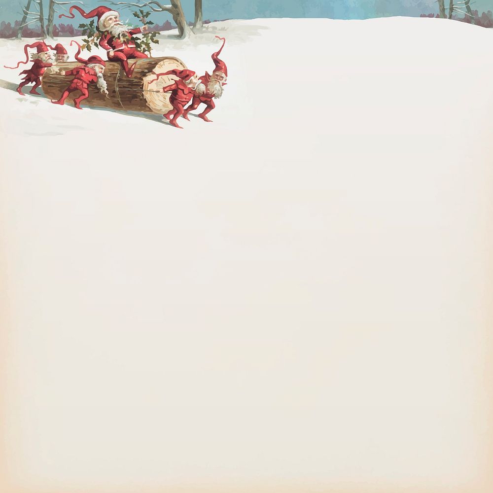 Santa elves sliding on a log from the public domain Christmas vintage illustration vector