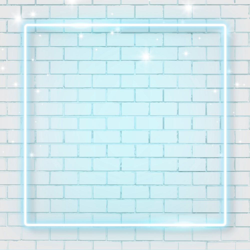 Square blue neon frame on brick wall background vector