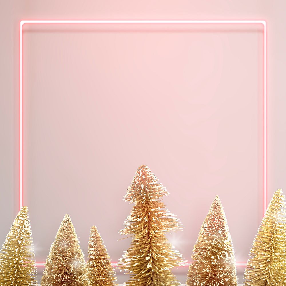 Pink neon frame with gold Christmas trees background illustration