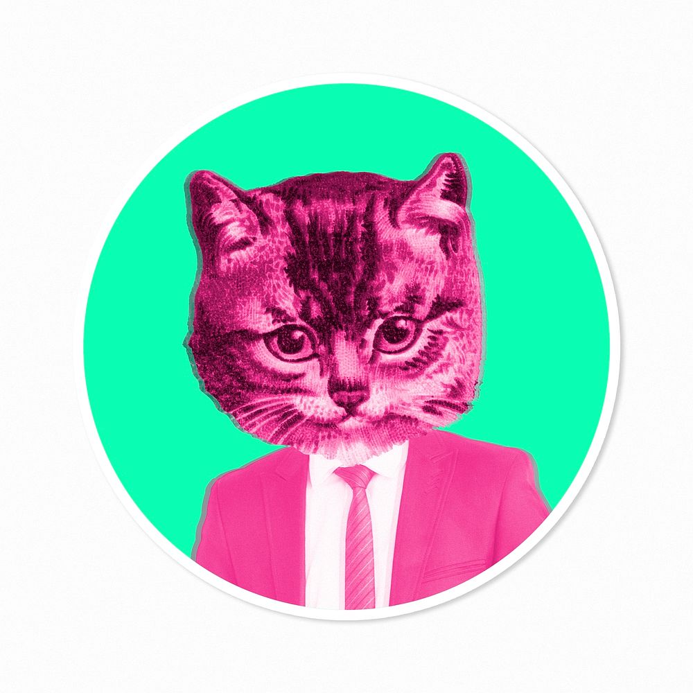 Cat wearing a pink suit sticker illustration