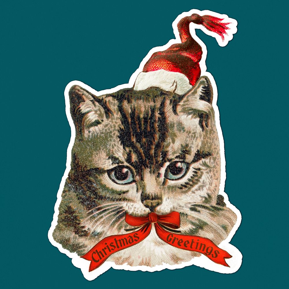 Cat wearing a Santa hat sticker illustration
