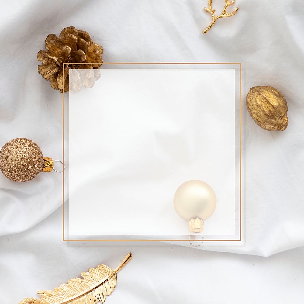 Square gold frame with Christmas ornaments social banner mockup