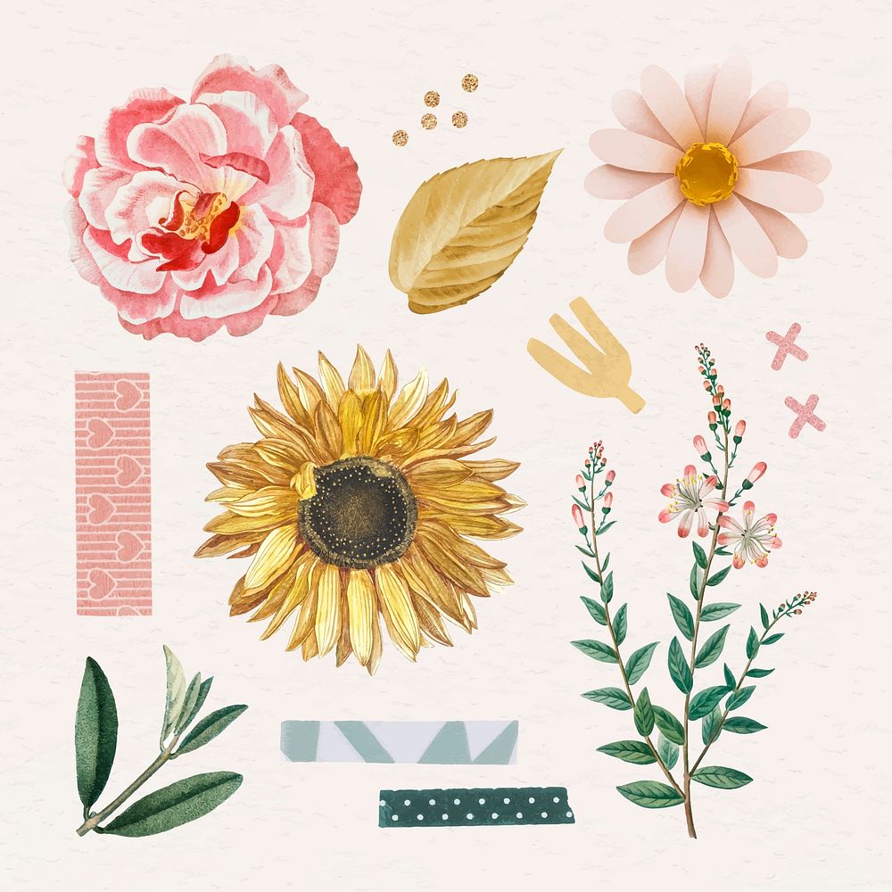 Rose and sunflower stickers pack vector
