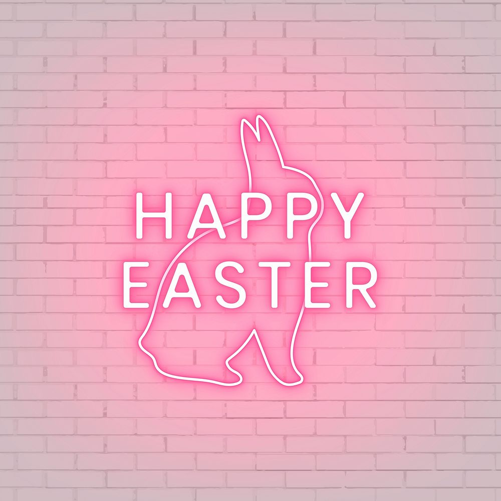 Pink happy Easter sign with bunny neon light on a white brick wall vector