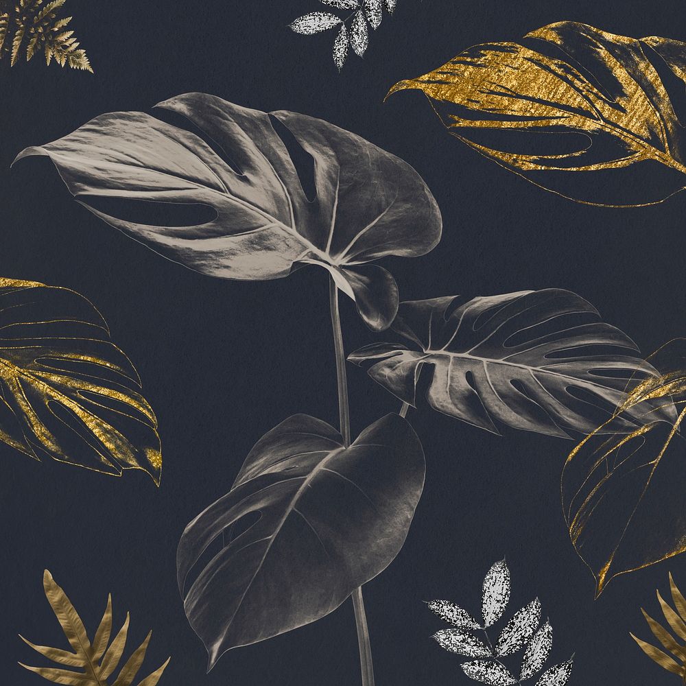 Silver and golden monstera leaves background design 