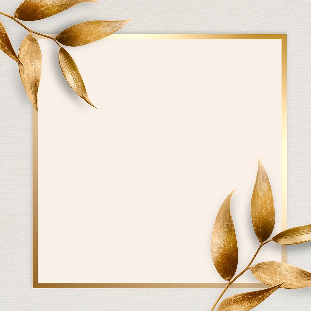 Golden olive leaves with square frame on beige background
