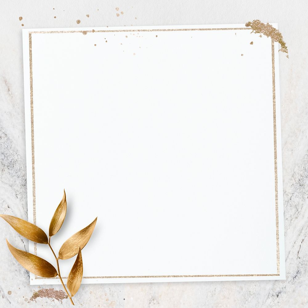 Golden olive leaves with square frame on marble textured background