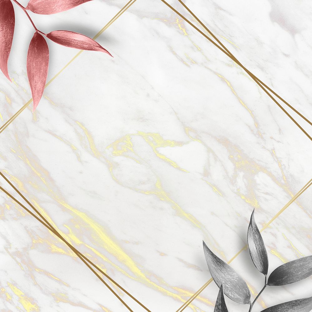 Silver and pink olive leaves rhombus frame on marble textured background