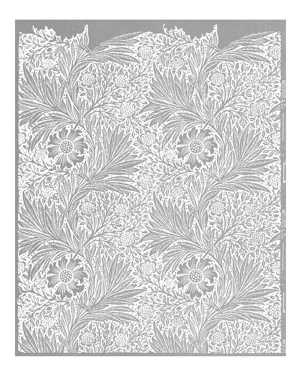 Silver marigold illustration wall art print and poster design remix from original artwork by William Morris.