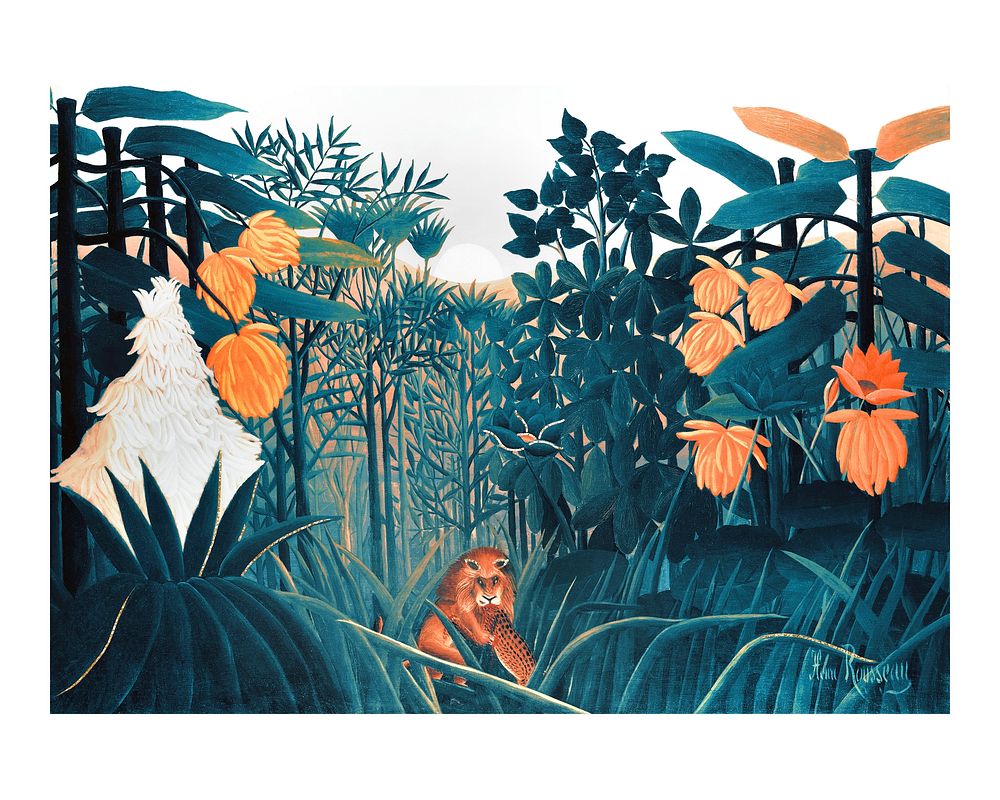 The Repast of the Lion vintage illustration wall art print and poster design remix from original artwork by Henri Rousseau.