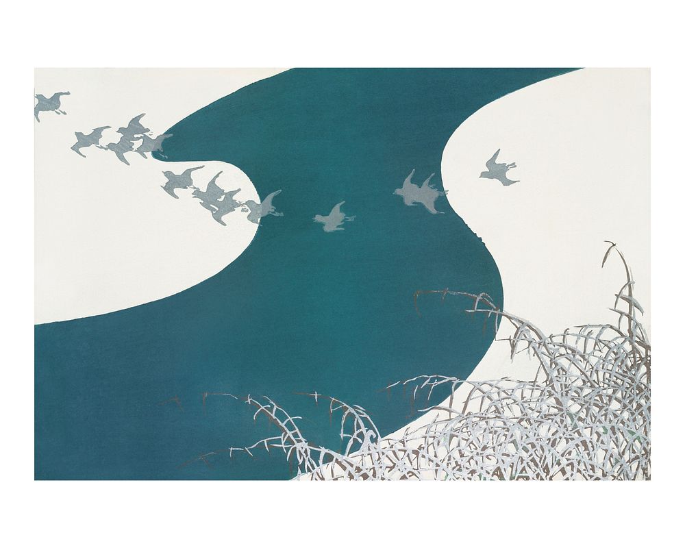 Birds flying over the river vintage illustration wall art print and poster design remix from original artwork by Kamisaka…