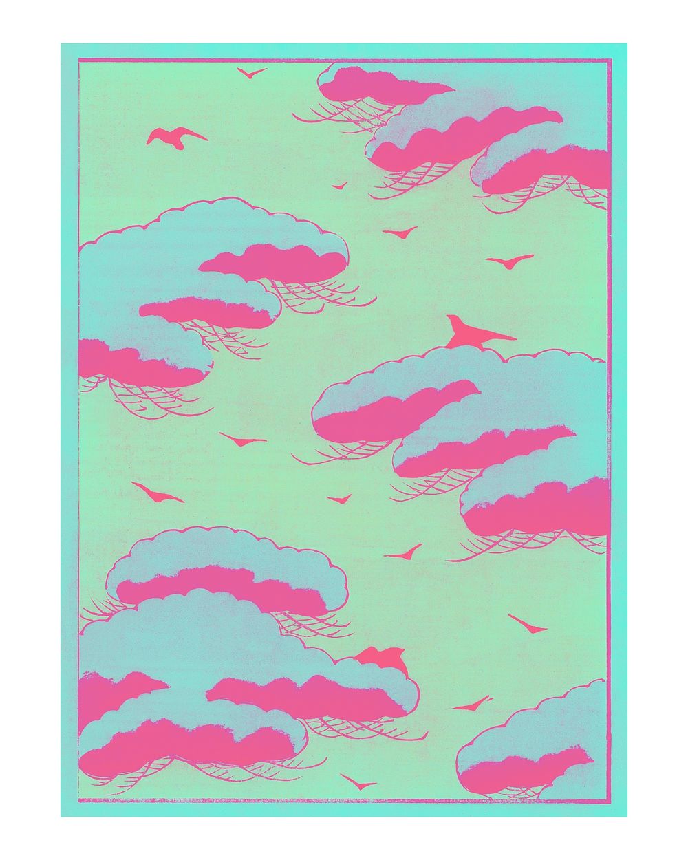 Pink and blue cloudy sky illustration wall art print and poster. Remix from original painting