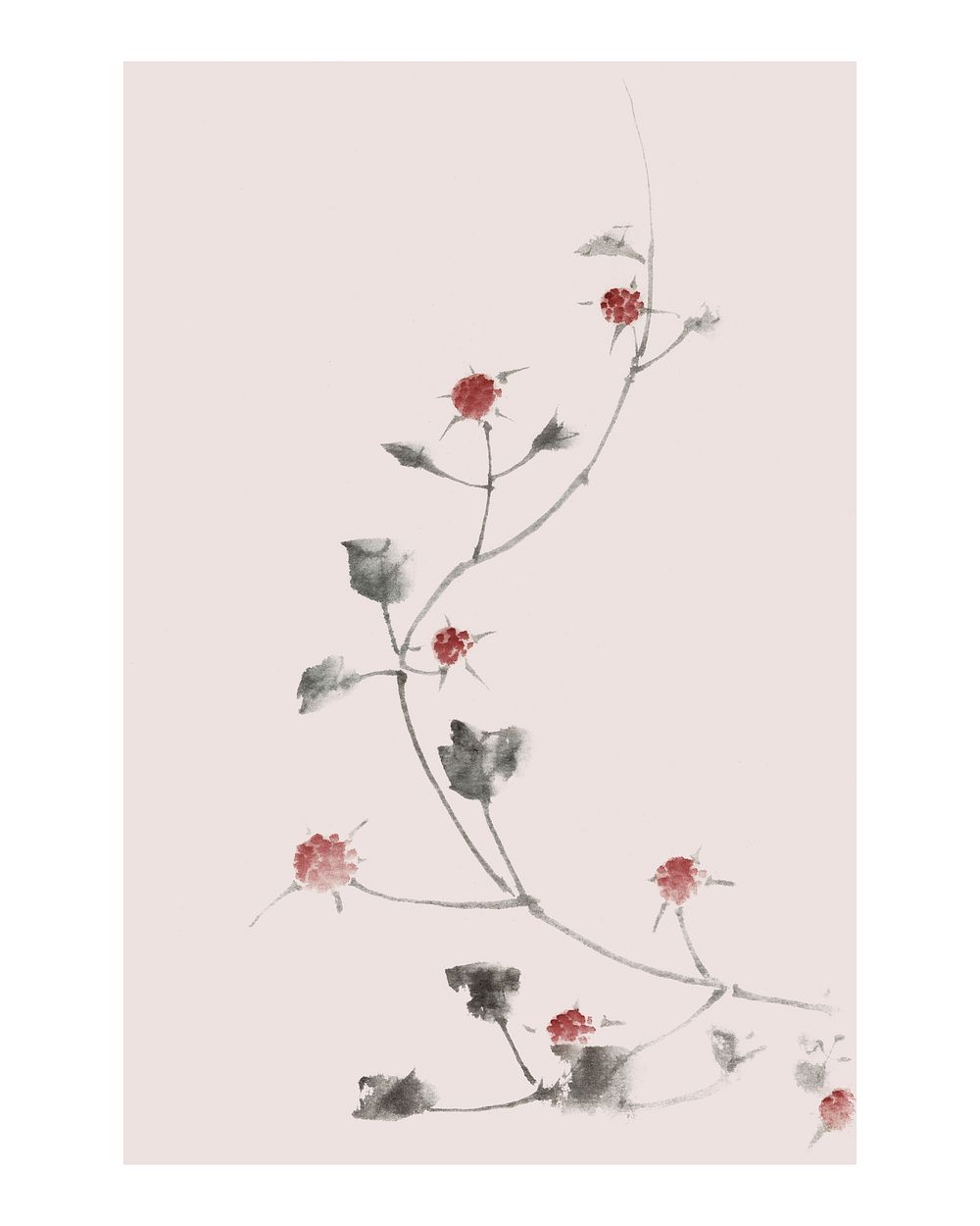 Red blossoms vintage illustration wall art print and poster. Remix of original painting by Hokusai.