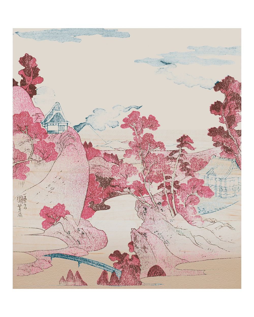 Valley in Mount Fuji vintage illustration, wall art print and poster. Remix from original painting by Utagawa Kuniyoshi.