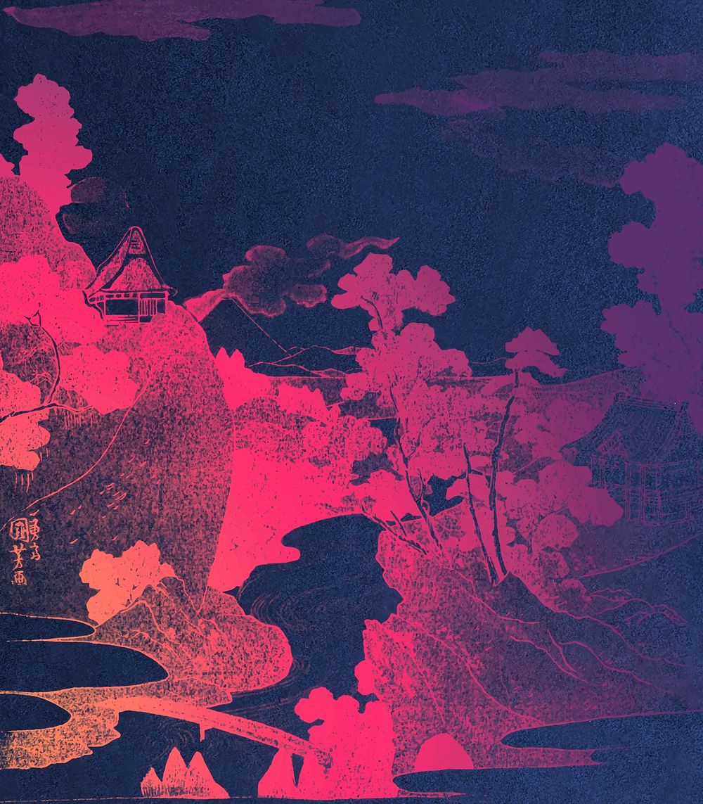 Valley in Mount Fuji vintage illustration vector, remix from original painting by Utagawa Kuniyoshi.