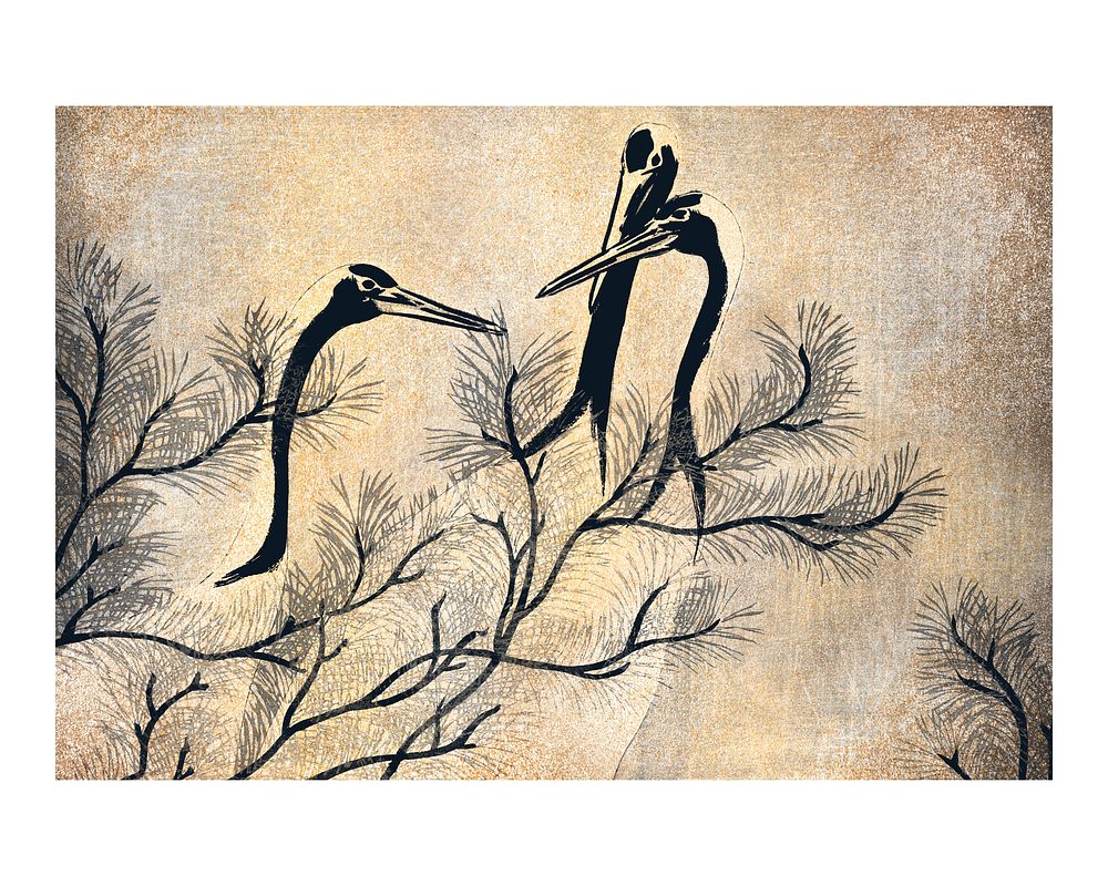 Red-crowned crane vintage illustration wall art print and poster design remix from original painting by Kamisaka Sekka.