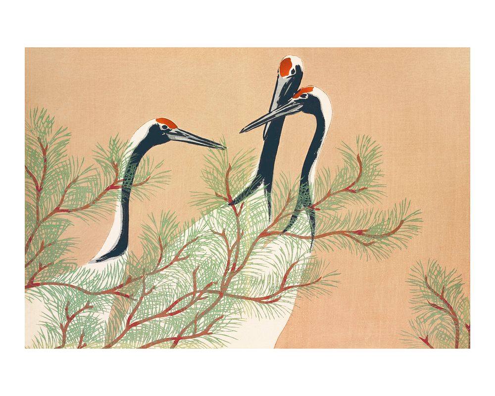 Red-crowned crane vintage illustration wall art print and poster design remix from original painting by Kamisaka Sekka.
