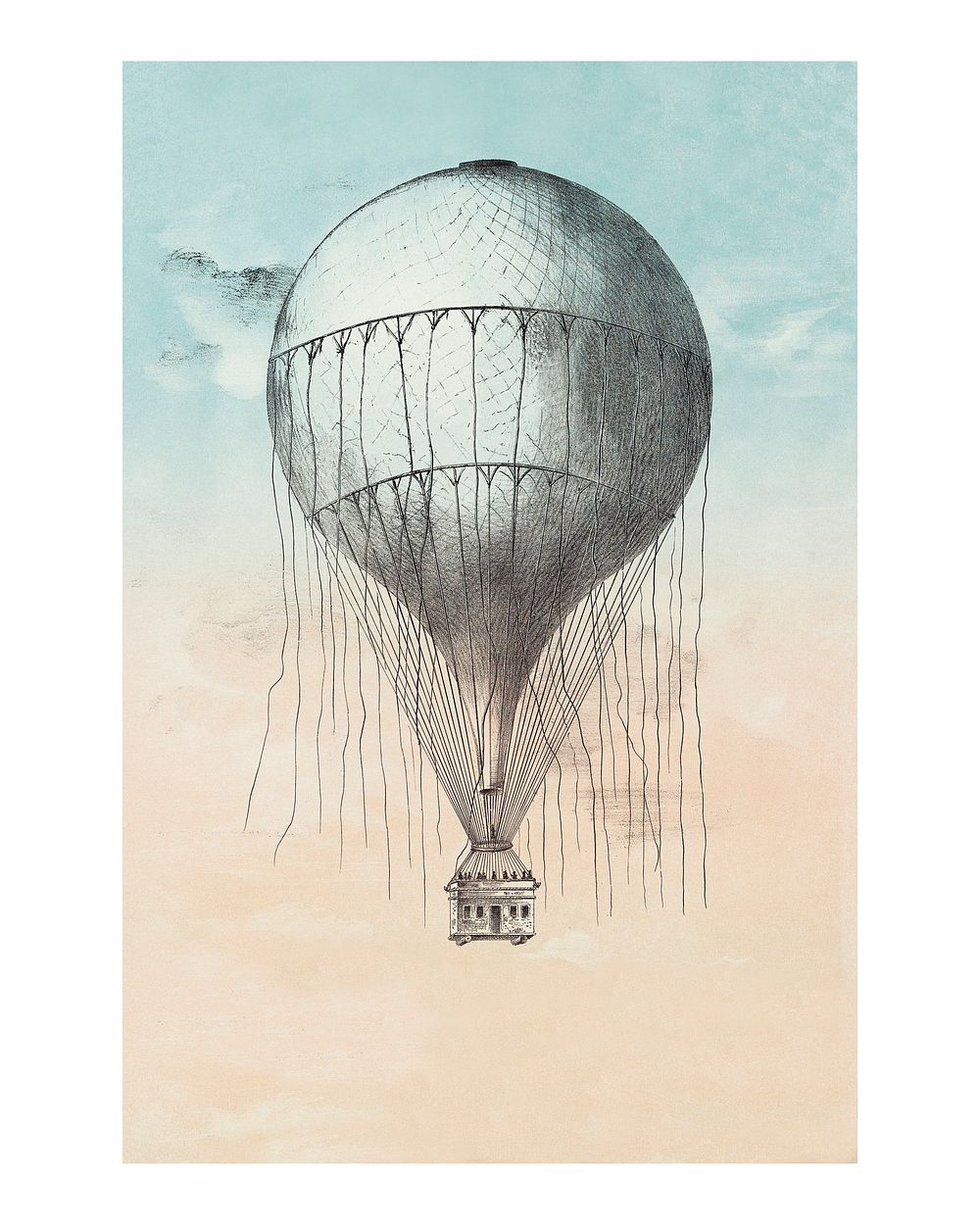Hot air balloon vintage illustration wall art print and poster design remix from original artwork.