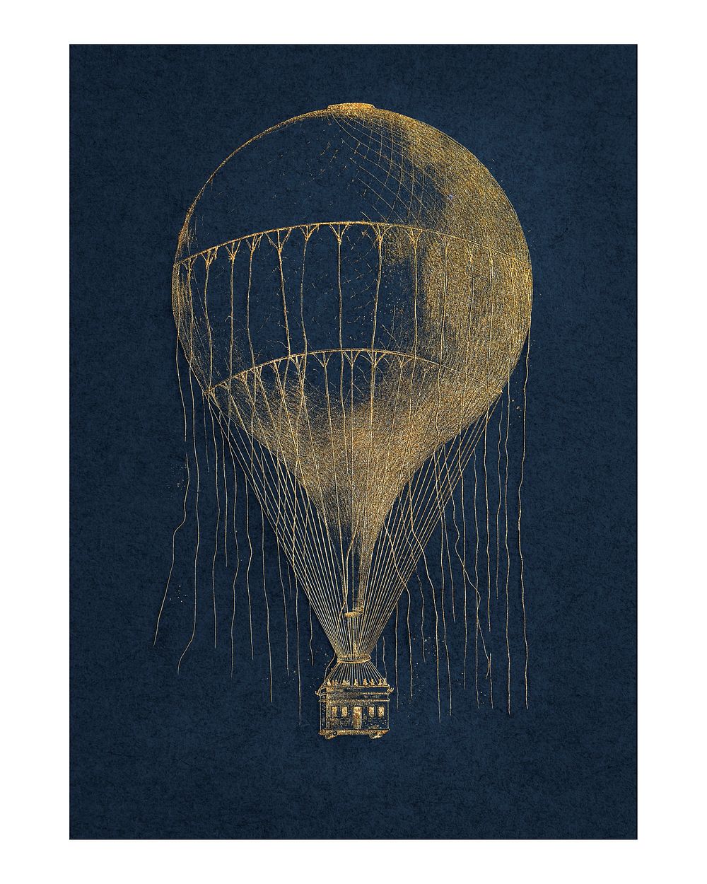 Golden hot air balloon vintage illustration wall art print and poster design remix from original artwork