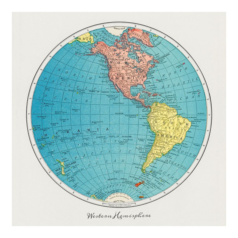 Western Hemisphere map vintage illustration wall art print and poster design remix from original artwork.