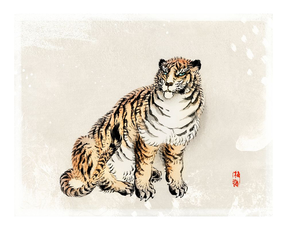 Tiger vintage illustration wall art print and poster design remix from original artwork by Kōno Bairei. 