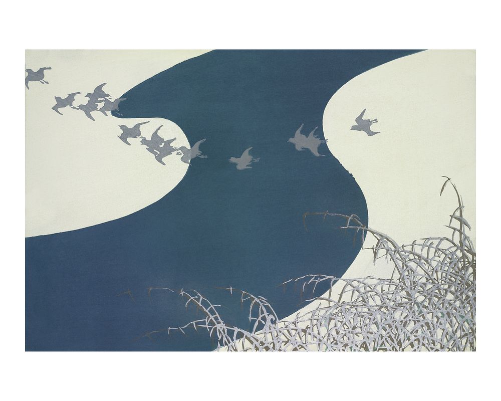 Birds flying over river vintage illustration wall art print and poster design remix from original artwork.