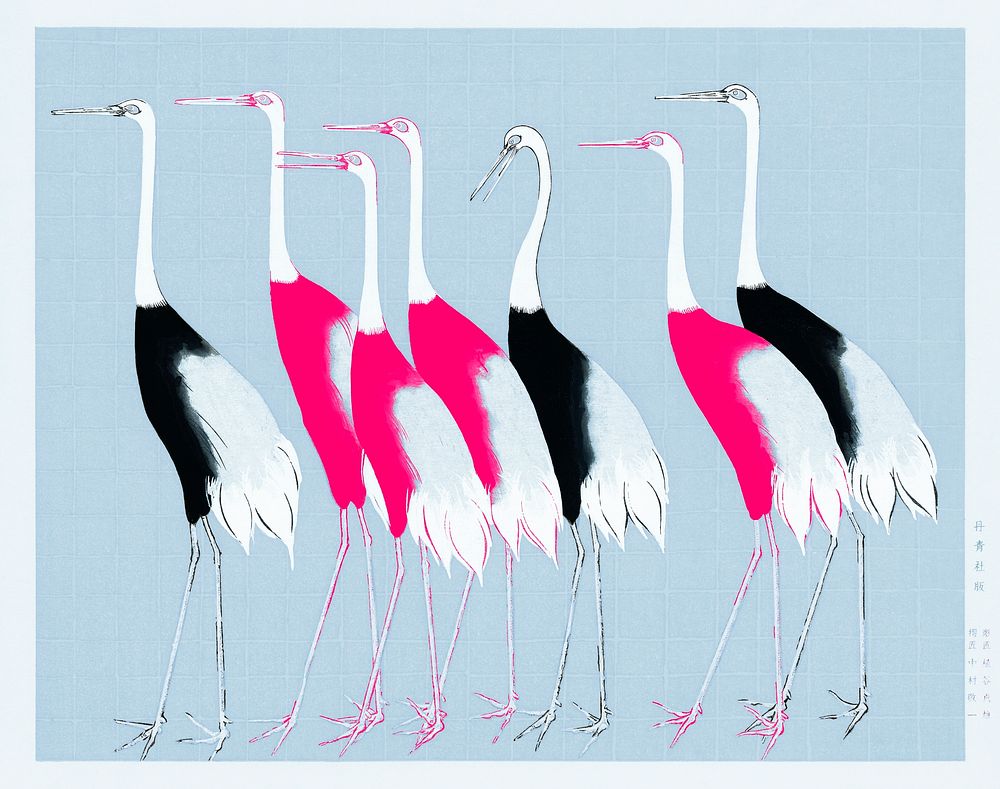 Japanese red crown cranes vintage illustration, remix from original artwork.