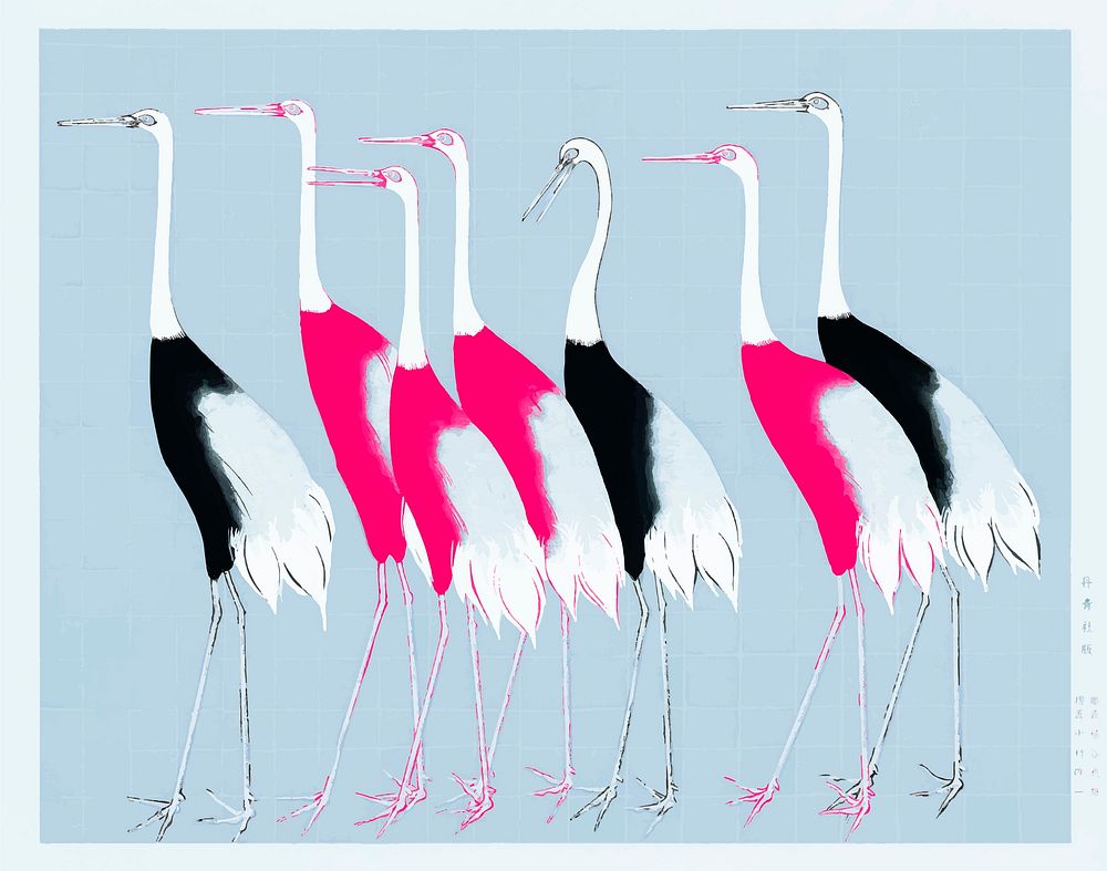 Japanese red crown cranes vintage illustration vector, remix from original artwork.