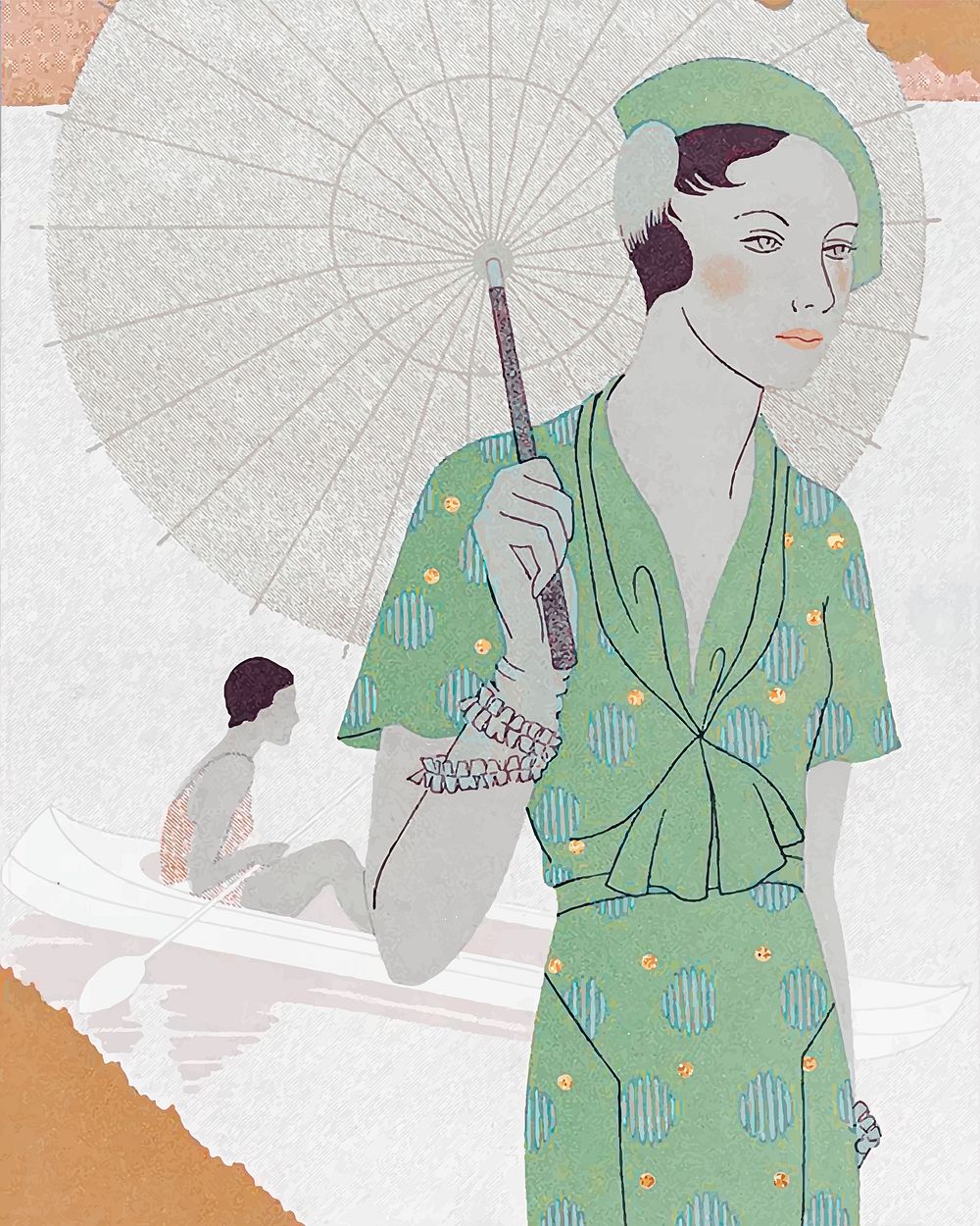 Woman with umbrella vintage illustration, remix from original artwork by M. Renaud.