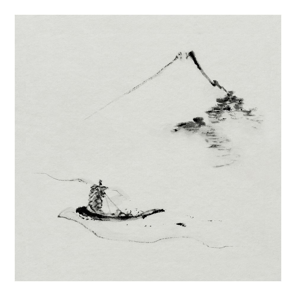 Small boat on a river with Mount Fuji grayscale vintage illustration, remix from original artwork.