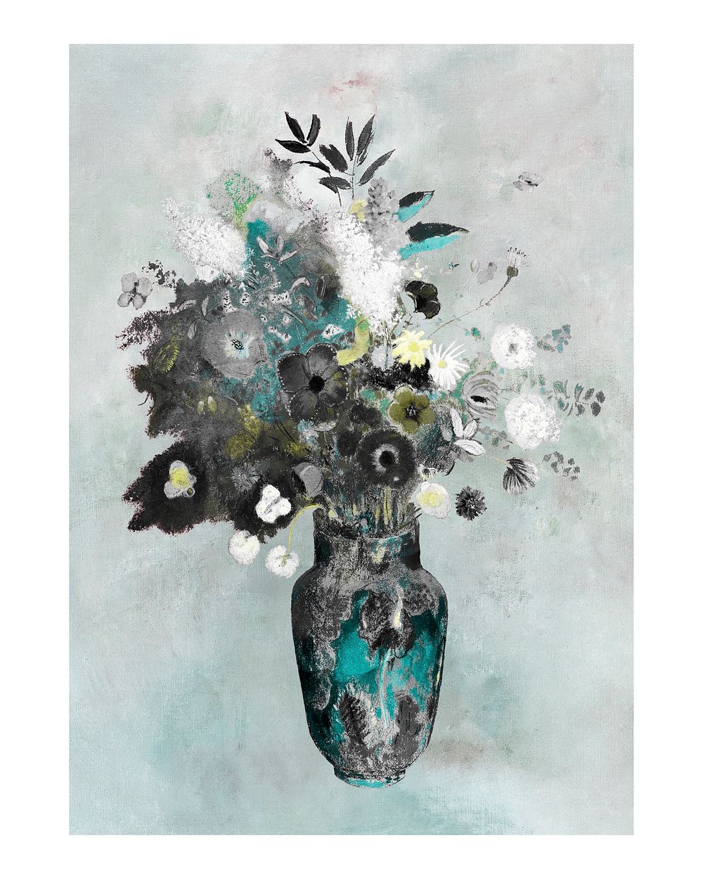 Bouquet in turquoise Chinese vase vintage illustration, remix from original artwork.