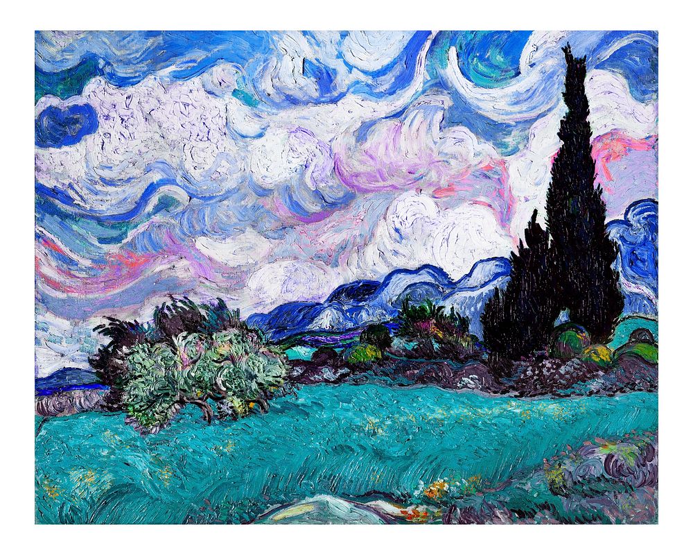 Wheat Field with Cypresses vintage illustration, remix from original painting by Vincent van Gogh.