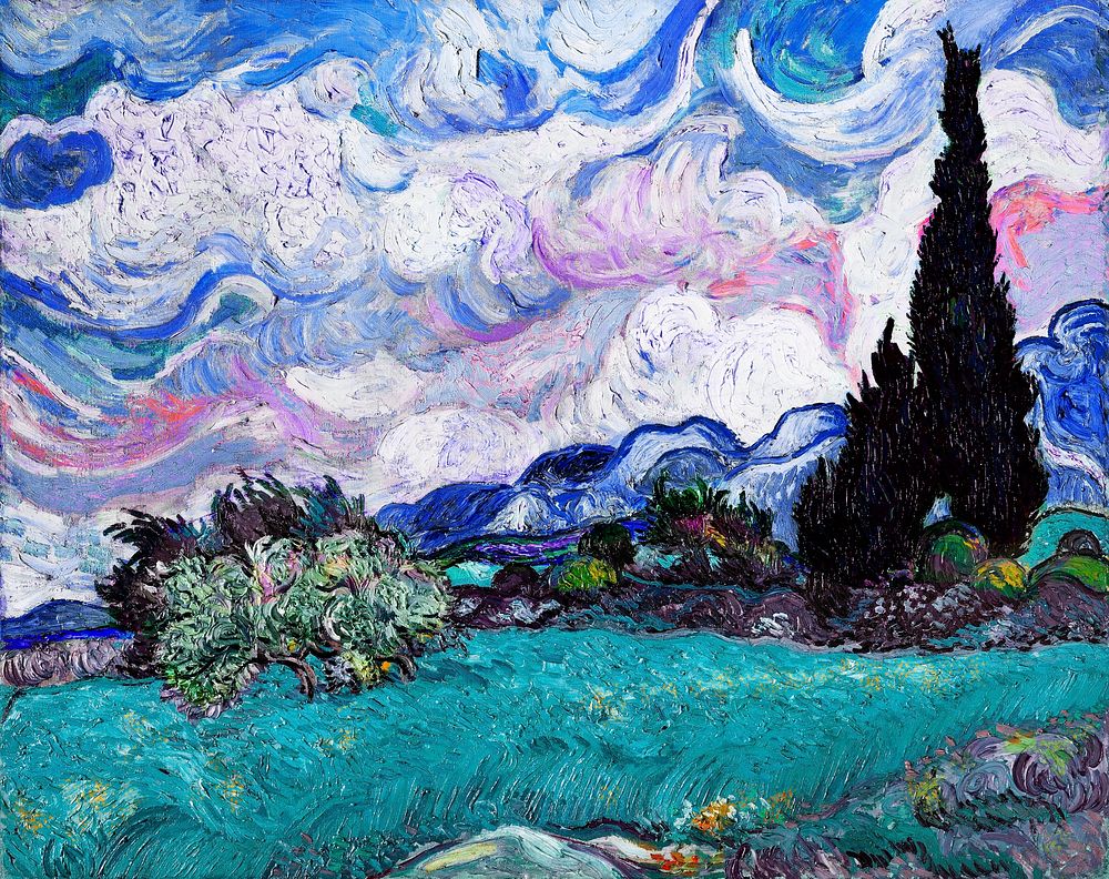 Wheat Field with Cypresses vintage illustration, remix from original painting by Vincent van Gogh.