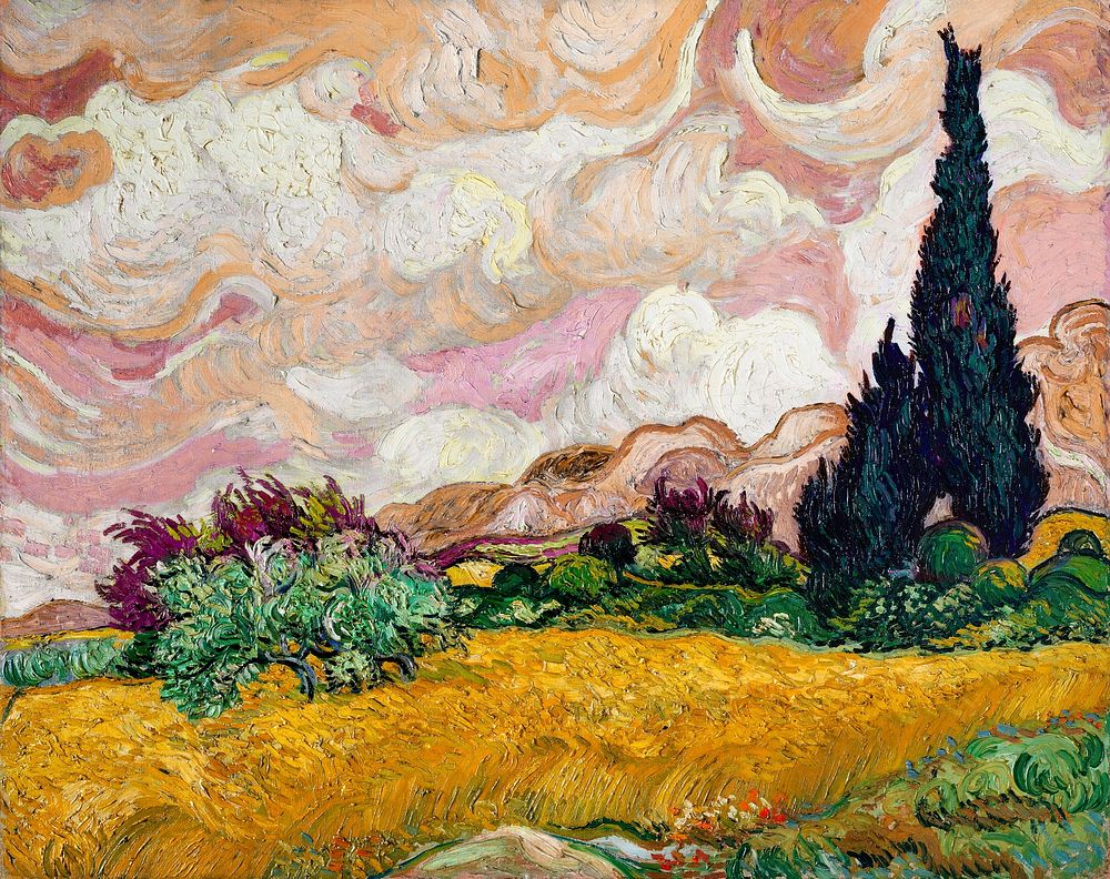 Pastel Wheat Field with Cypresses vintage illustration, remix from original painting by Vincent van Gogh.
