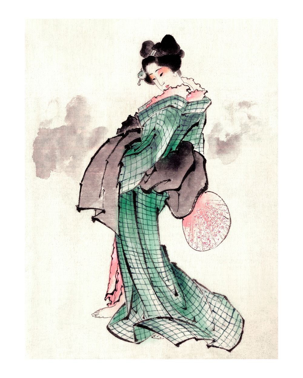Japanese woman in kimono and a shamisen on the floor ukyio-e style vintage illustration wall art print and poster design…