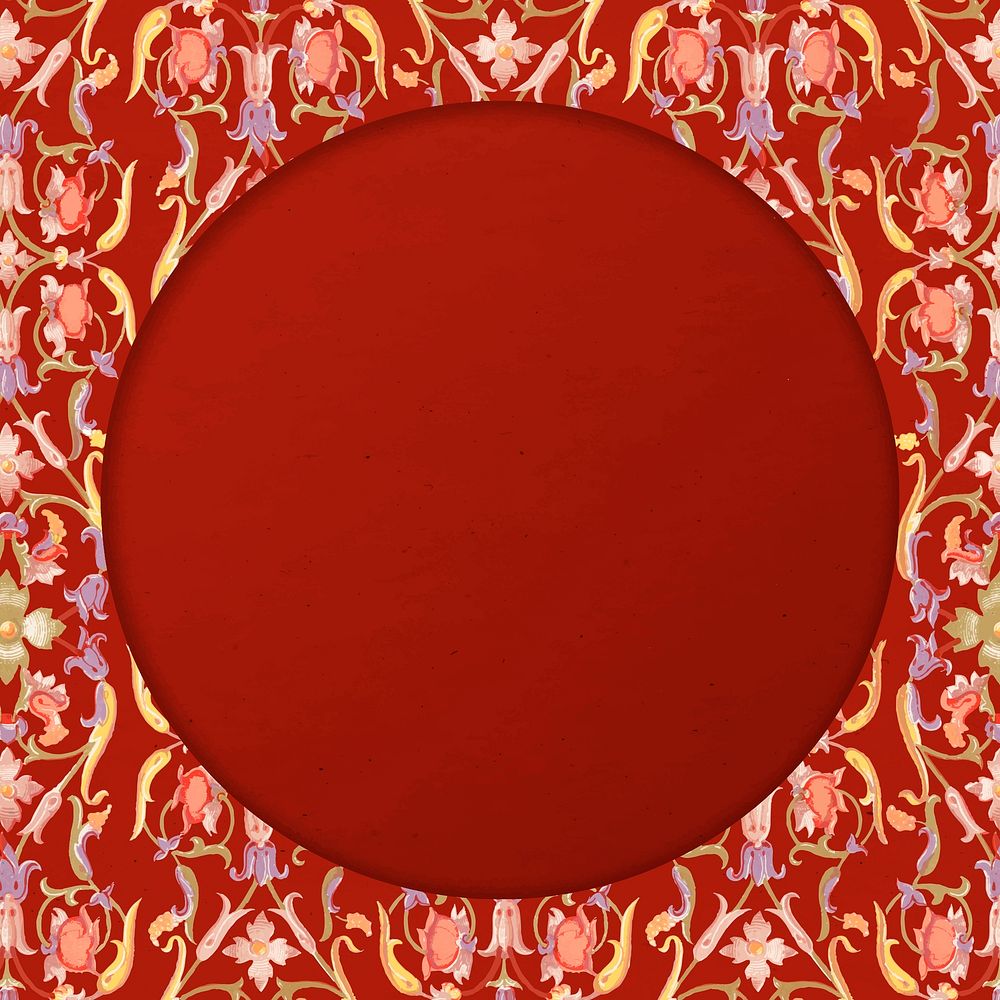 Red floral patterned round frame vector 