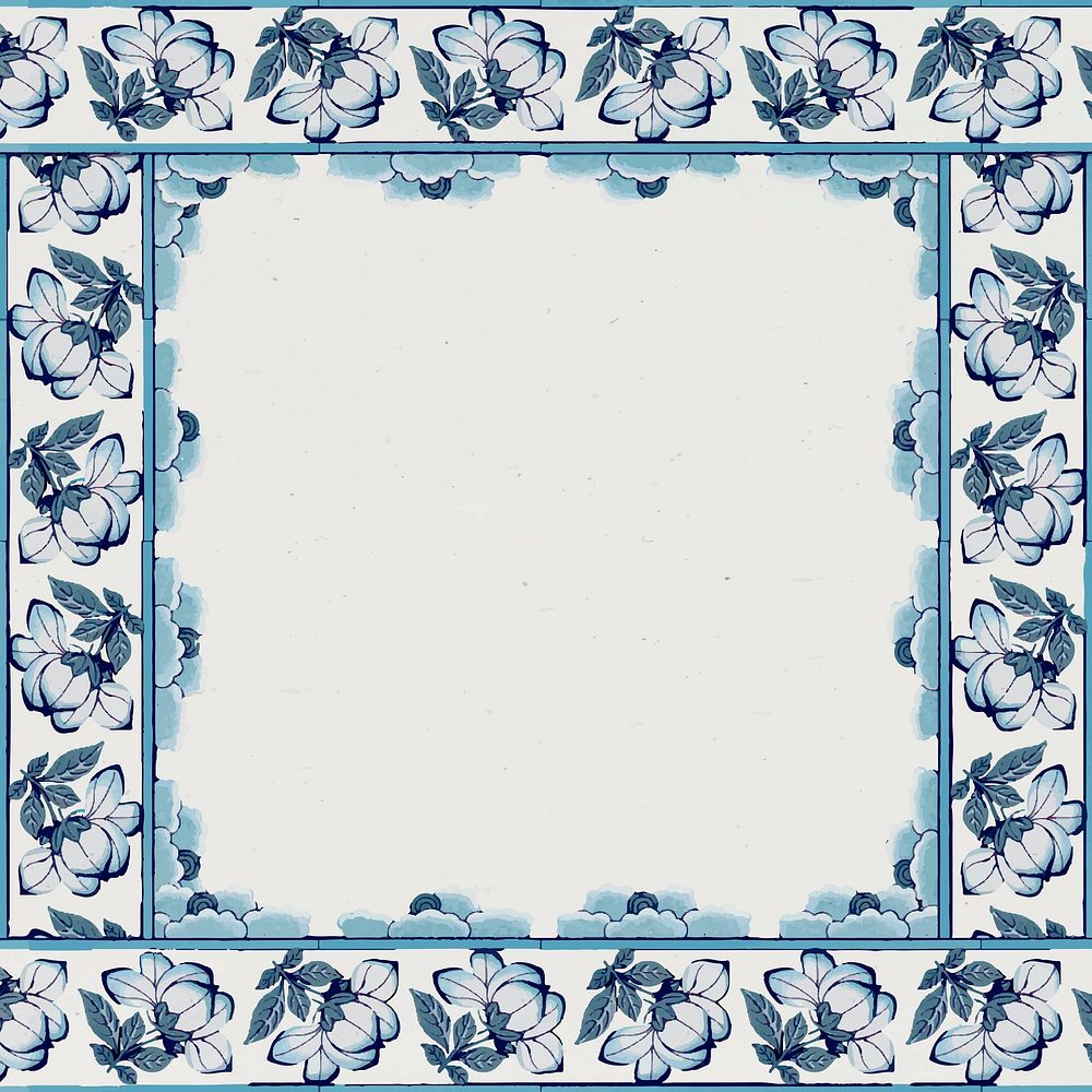 Floral patterned square frame in navy blue vector 