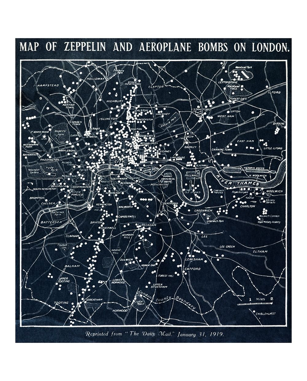 Vintage map of zeppelin and aeroplane bombs on London illustration wall art print and poster design remix from the original…