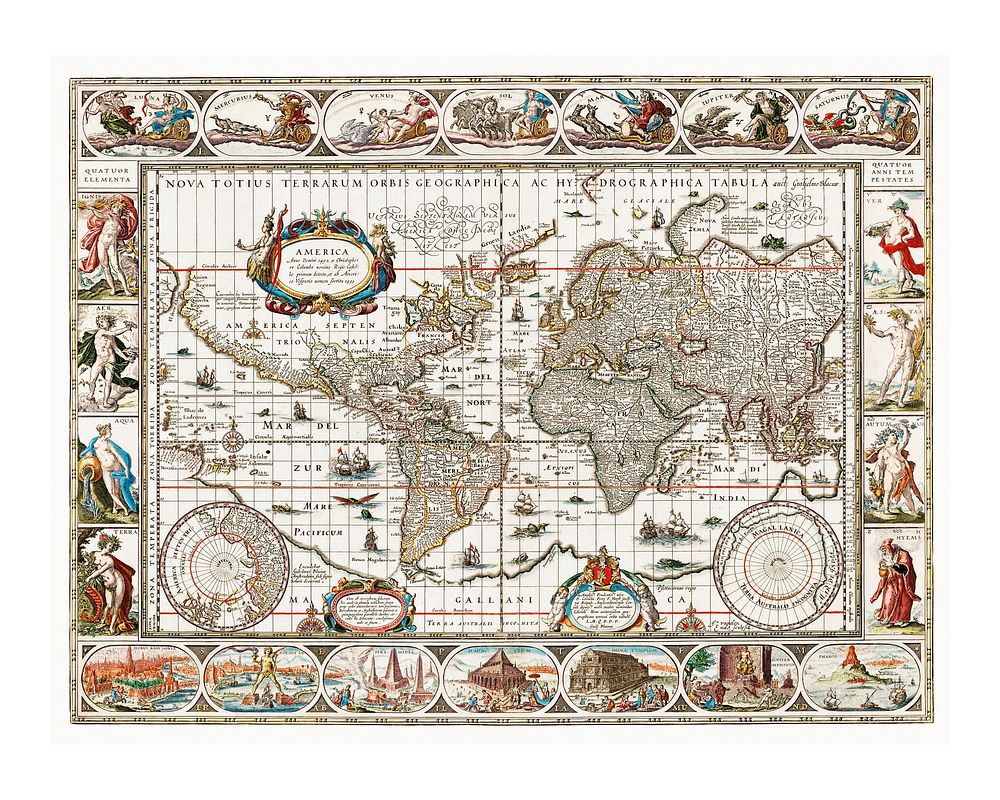 Vintage 17th century world map illustration wall art print and poster design remix from the original artwork.